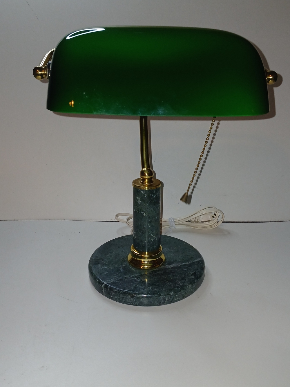 Source Unknown Green Glass Banker-Style Desk Lamp with Brass Accents